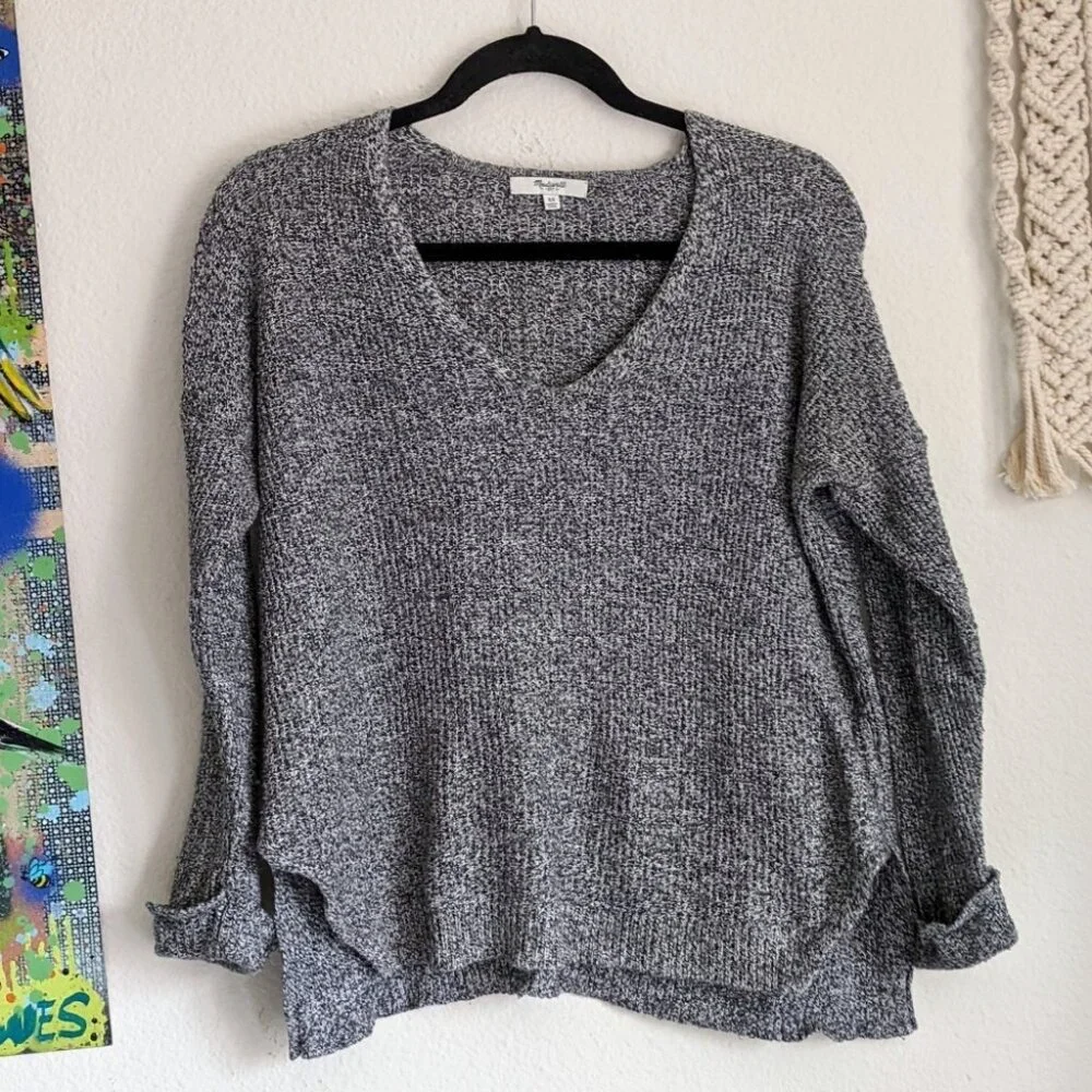 Madewell Oceanside Sweater Gray Knit Vneck High Low Hem Sz XS